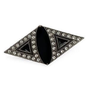 Vintage Art Deco Style Brooch Black Enamel Rhinestone Diamond Shaped 1.5 Inch
